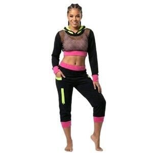 Funky Diva Y2K 2pc Dance Outfit Fishnet Crop Top Capri Jogger Neon Womens Size L